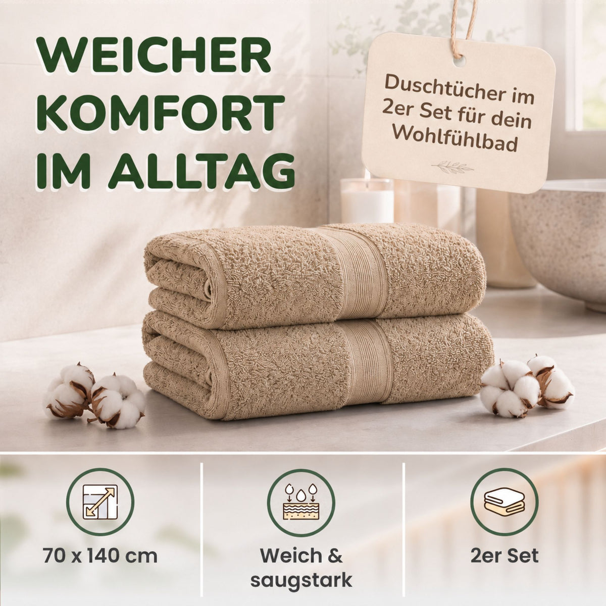 Duschtücher im 2er Set – 100% Baumwolle, 70 x 140 cm, weich und saugfähig