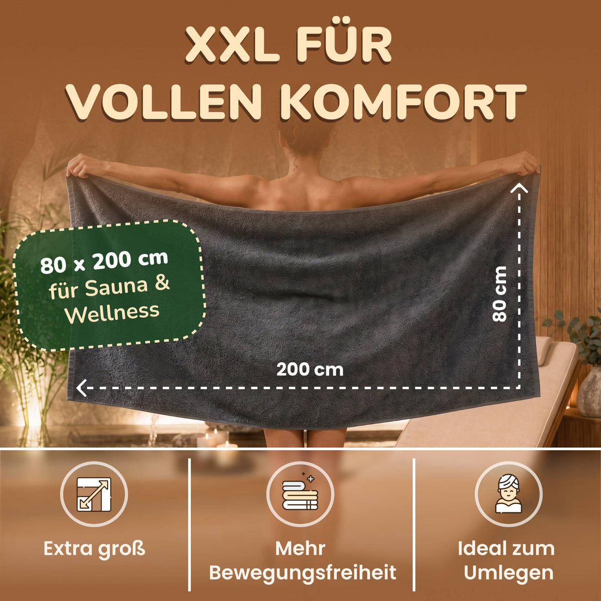 Saunatücher aus 100% Baumwolle im 1er Set – 80 x 200 cm, weich und saugfähig