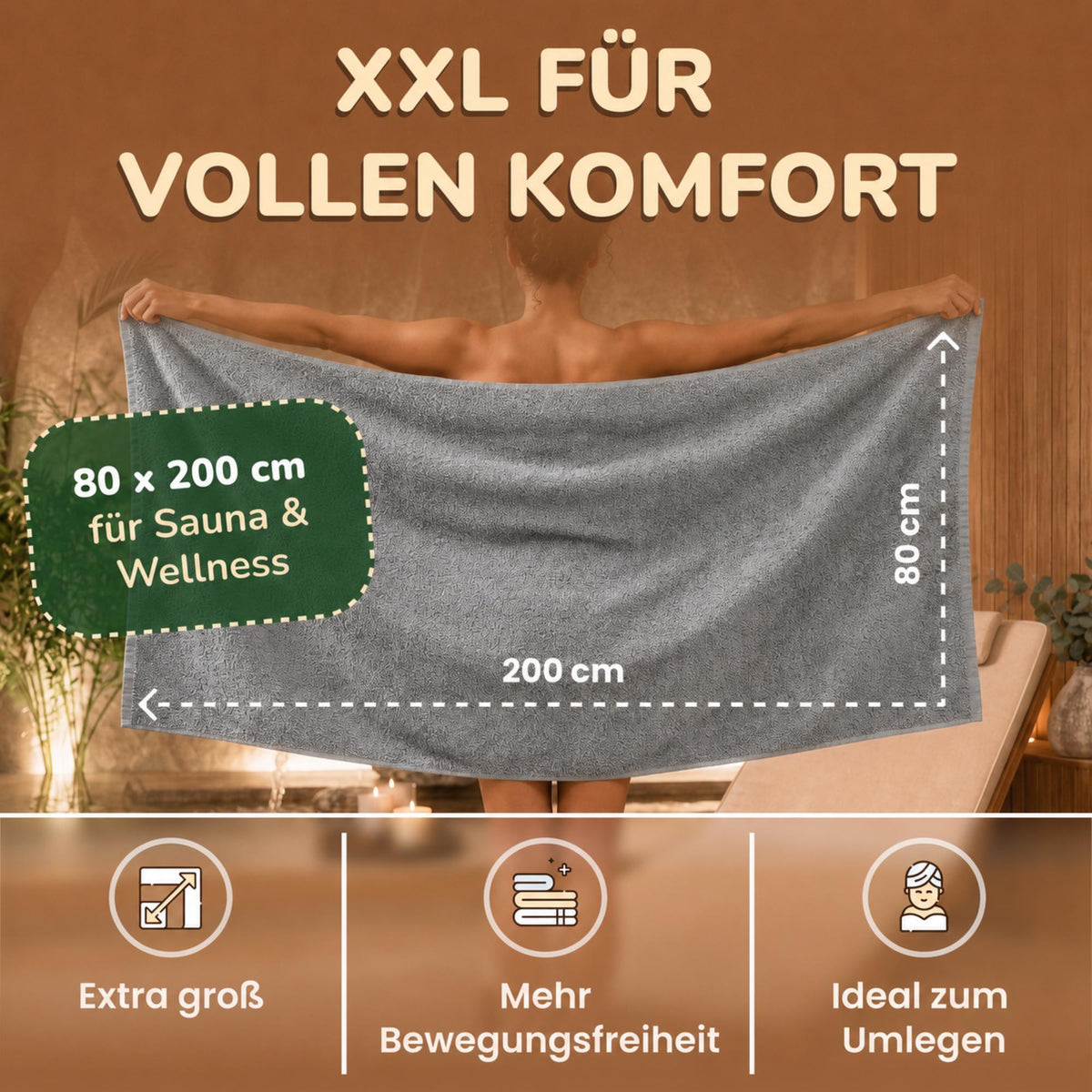 Saunatücher aus 100% Baumwolle im 1er Set – 80 x 200 cm, weich und saugfähig