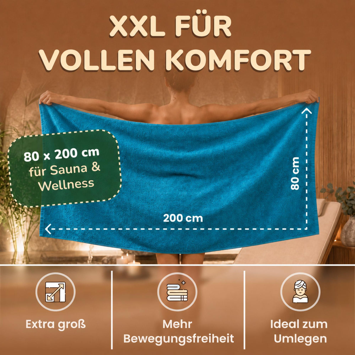 Saunatücher aus 100% Baumwolle im 1er Set – 80 x 200 cm, weich und saugfähig