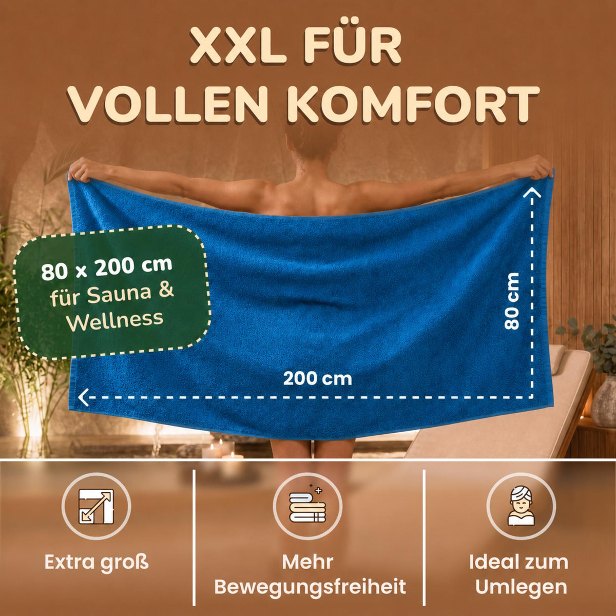 Saunatücher aus 100% Baumwolle im 1er Set – 80 x 200 cm, weich und saugfähig