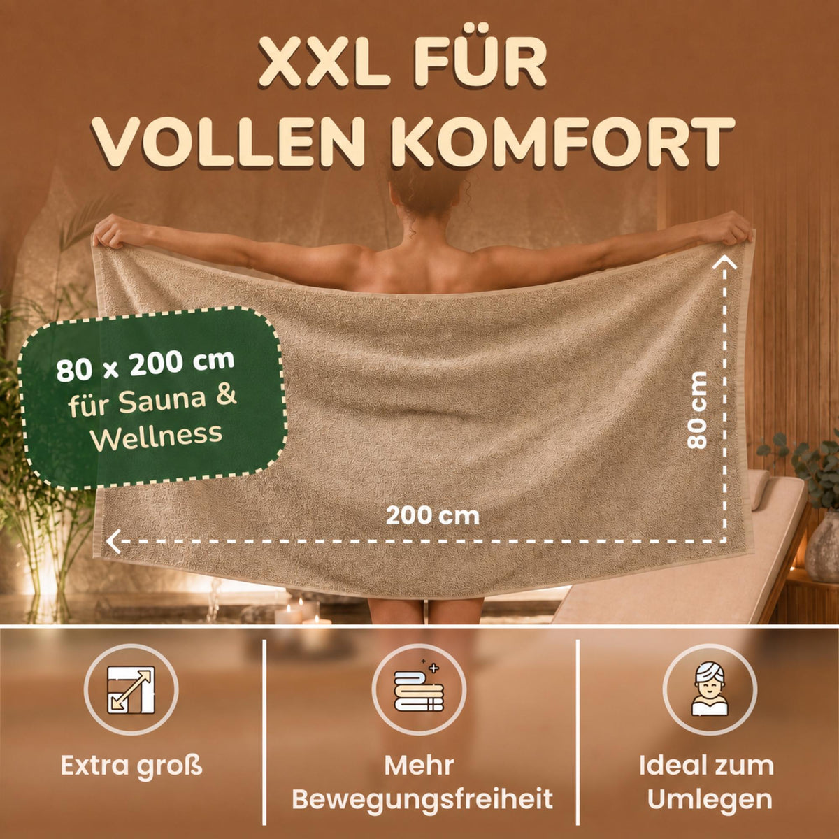 Saunatücher aus 100% Baumwolle im 1er Set – 80 x 200 cm, weich und saugfähig