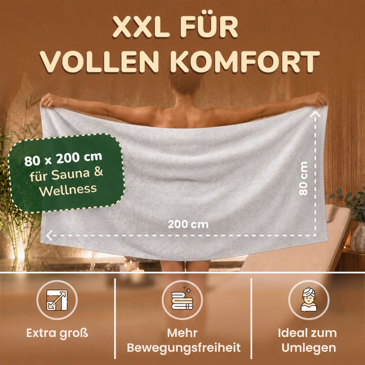 Saunatücher aus 100% Baumwolle im 1er Set – 80 x 200 cm, weich und saugfähig