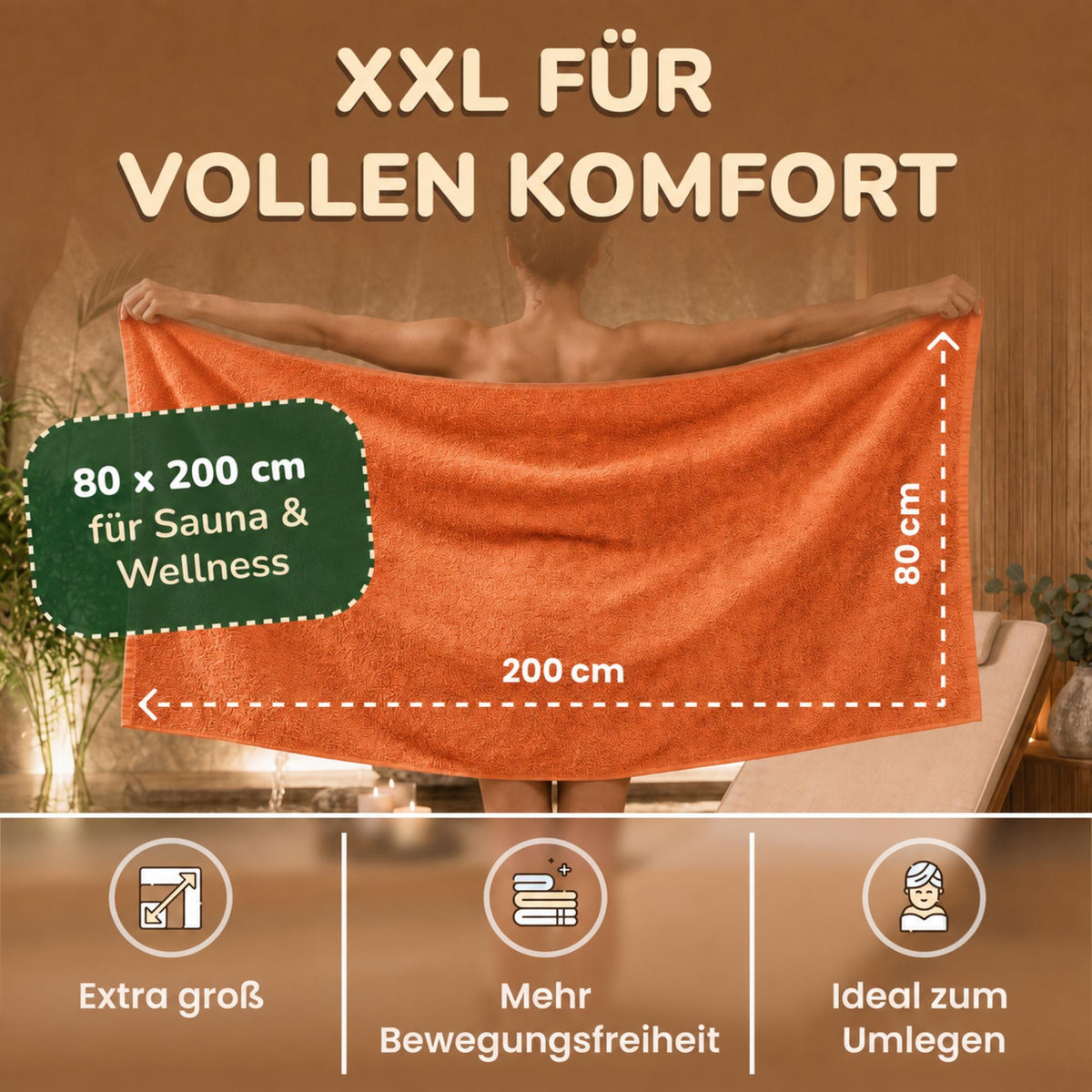 Saunatücher aus 100% Baumwolle im 1er Set – 80 x 200 cm, weich und saugfähig