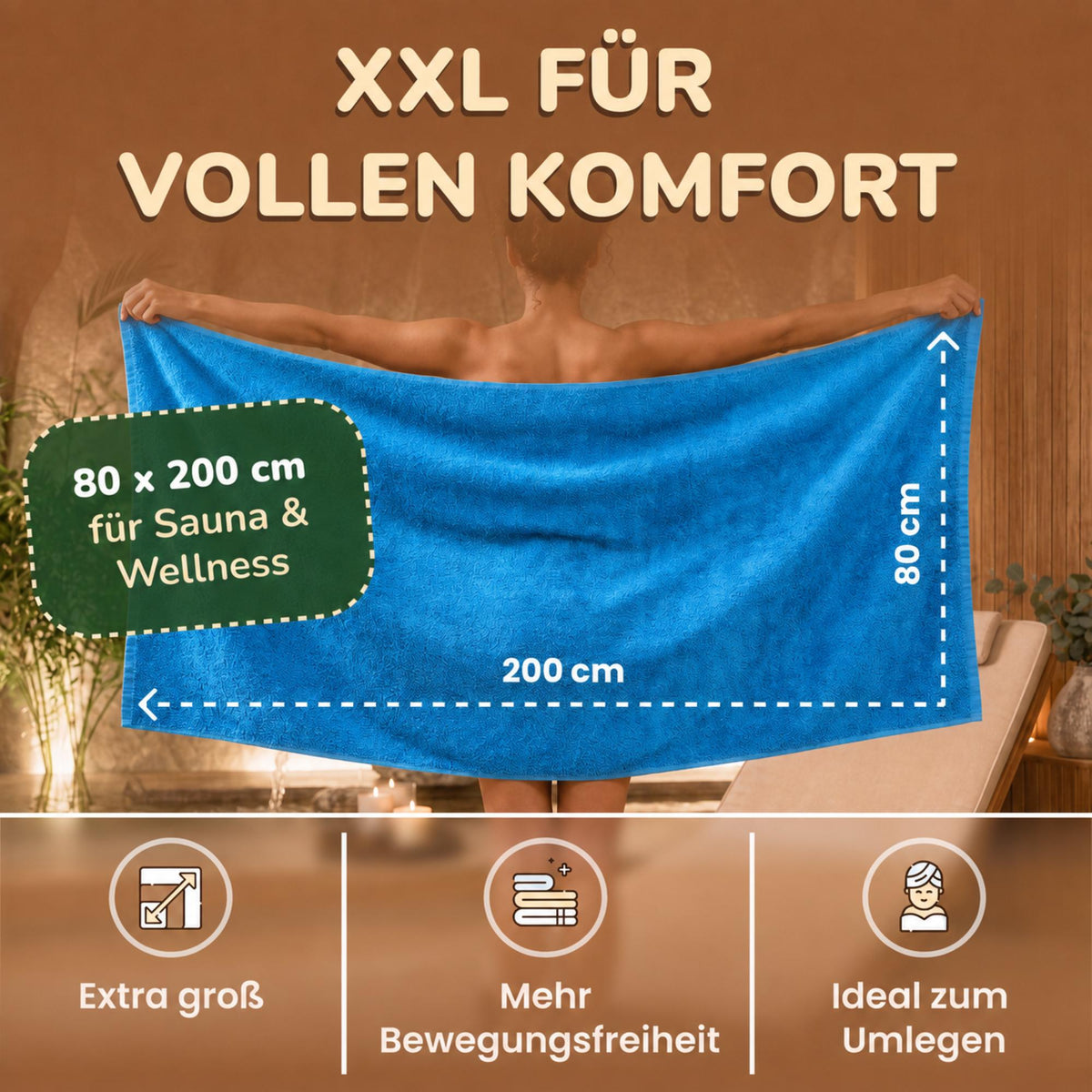 Saunatücher aus 100% Baumwolle im 1er Set – 80 x 200 cm, weich und saugfähig