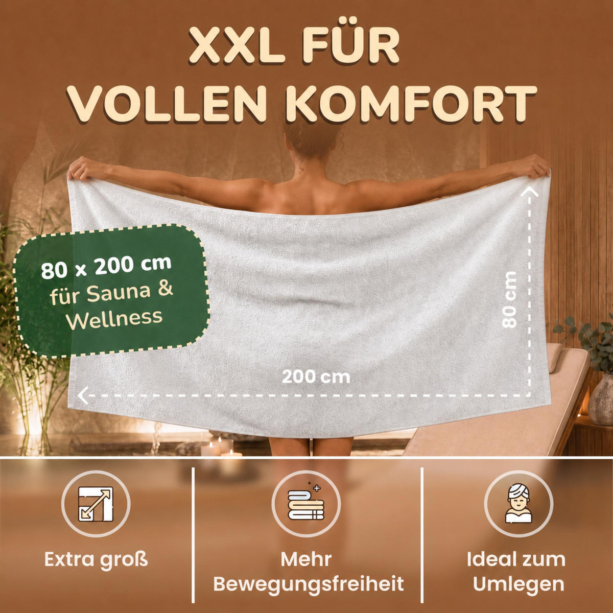 Saunatücher aus 100% Baumwolle im 1er Set – 80 x 200 cm, weich und saugfähig