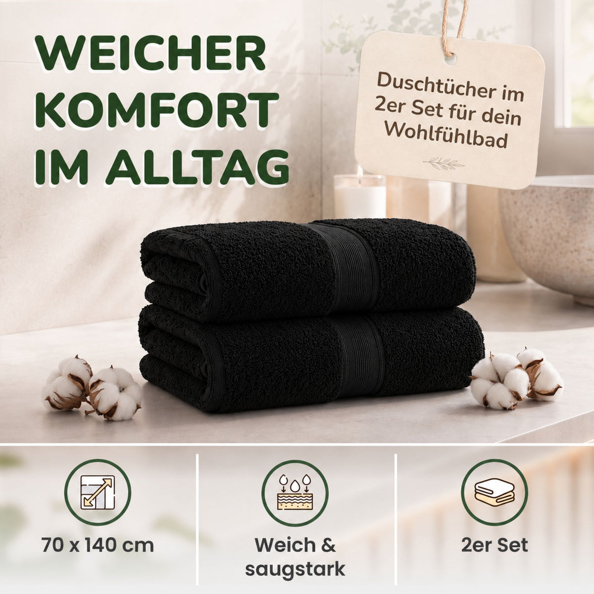 Duschtücher im 2er Set – 100% Baumwolle, 70 x 140 cm, weich und saugfähig