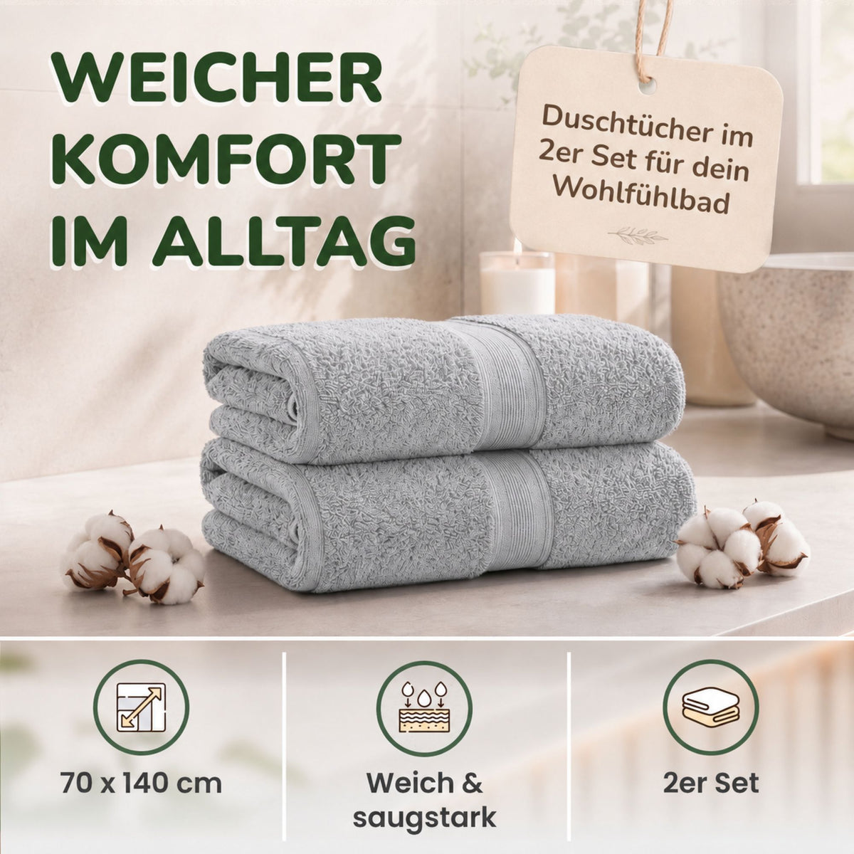 Duschtücher im 2er Set – 100% Baumwolle, 70 x 140 cm, weich und saugfähig