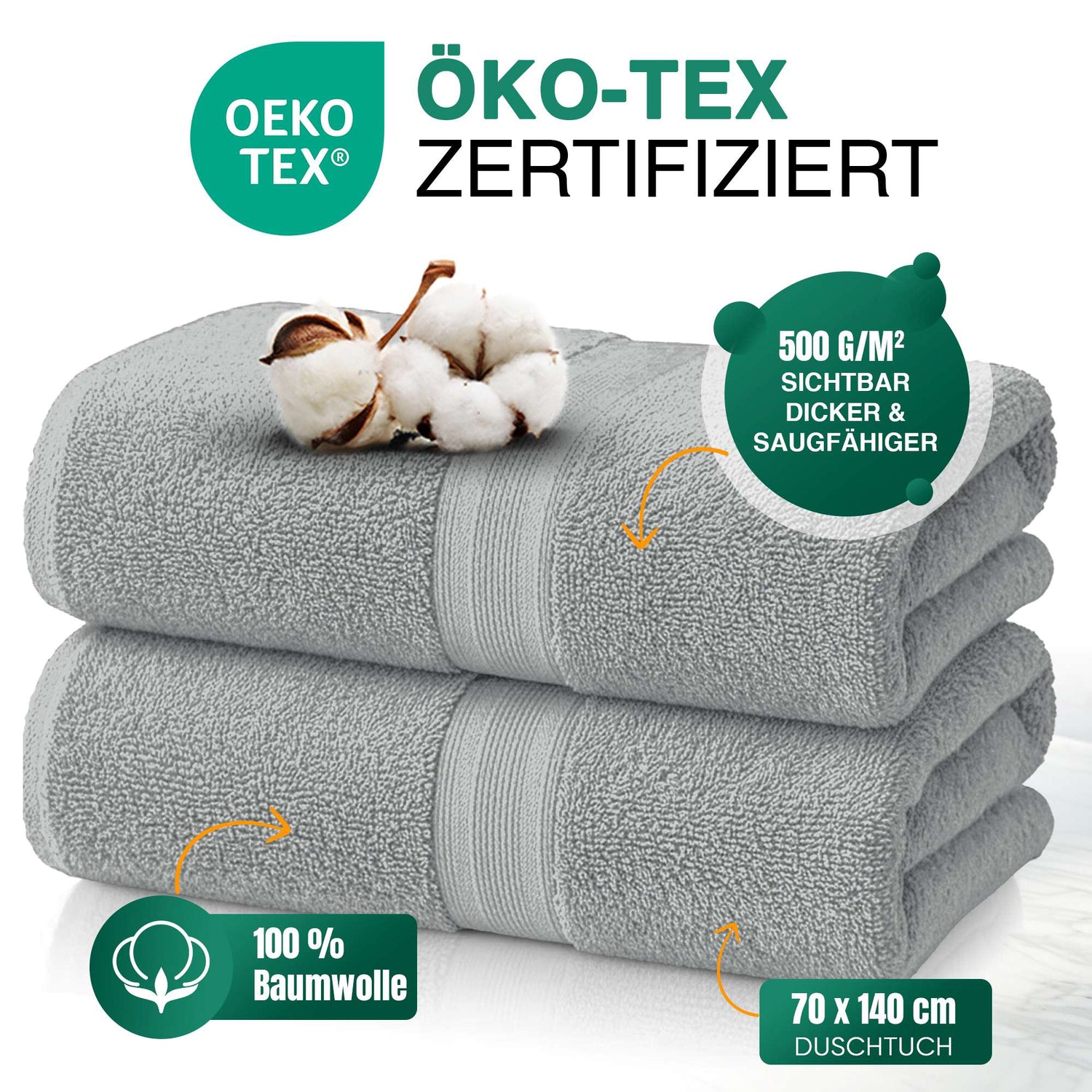 Duschtücher im 2er Set – 100% Baumwolle, 70 x 140 cm, weich und saugfähig