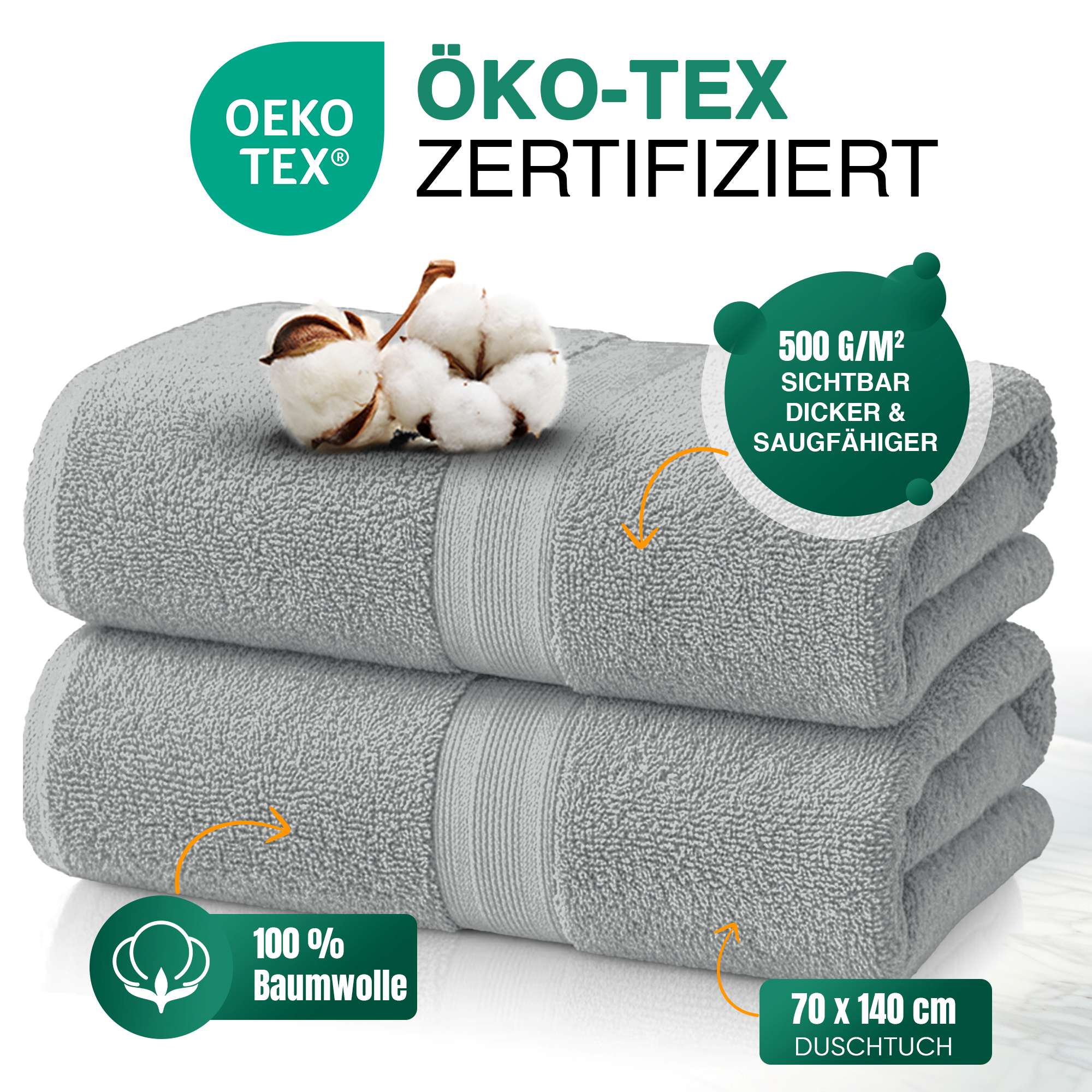 Duschtücher im 2er Set – 100% Baumwolle, 70 x 140 cm, weich und saugfähig