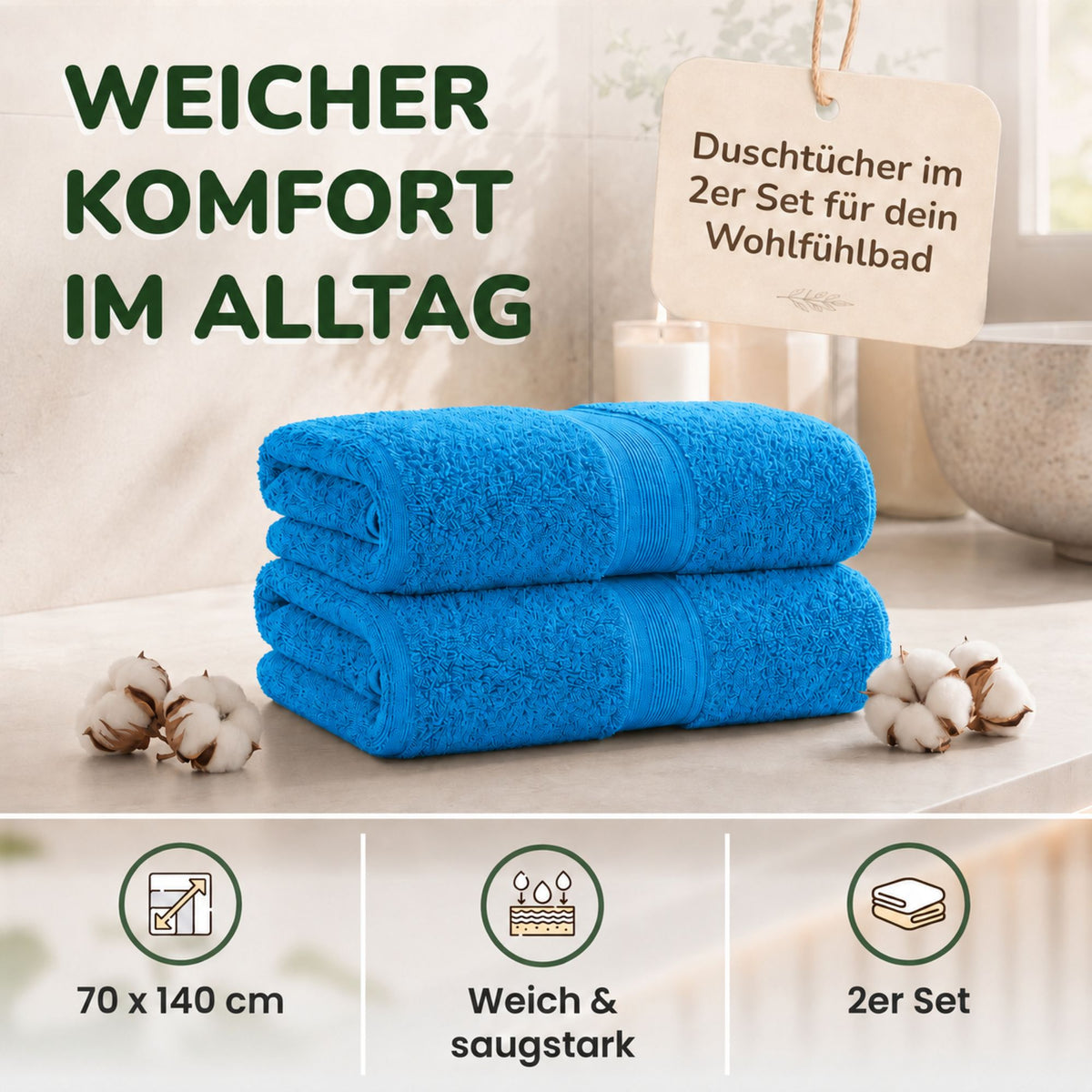 Duschtücher im 2er Set – 100% Baumwolle, 70 x 140 cm, weich und saugfähig