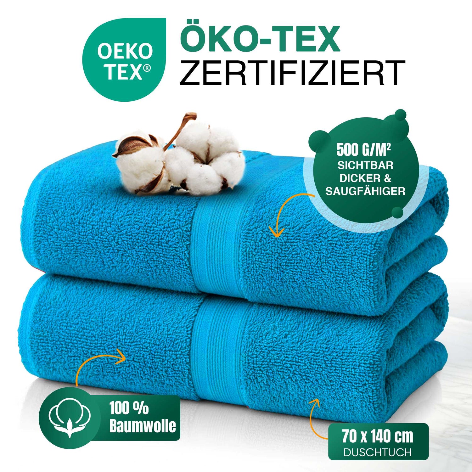 Duschtücher im 2er Set – 100% Baumwolle, 70 x 140 cm, weich und saugfähig