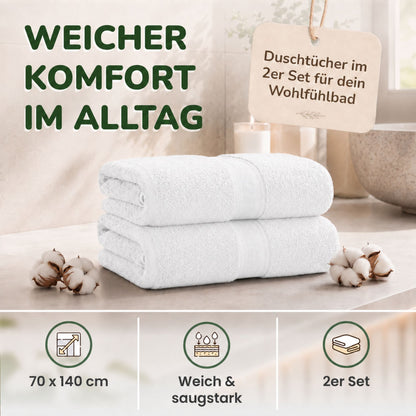 Duschtücher im 2er Set – 100% Baumwolle, 70 x 140 cm, weich und saugfähig